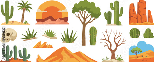 Cartoon Illustration of Desert Landscape with Cacti, Palm Trees, and Sunset View