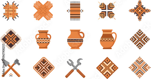 African Tribal Pattern and Pottery Icon Set Featuring Ethnic Geometric Designs, Clay Pots and Cultural Ornament Symbols Vector Illustration Collection
