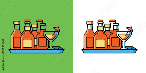 set of whiskey bottles and cocktail glasses with arrows flat design vector illustration