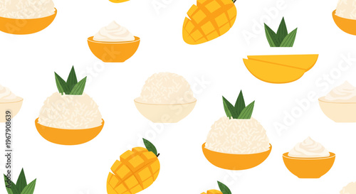 Seamless Flat Vector Pattern of Thai Mango Sticky Rice with Fresh Mango Slices, Pandan Leaves, and Coconut Milk for Asian Dessert Branding and Kitchen Decor