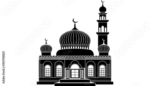 A mosque silhouette illustration with domes and minarets on a white background