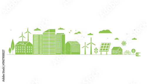 City eco friendly illustration with green buildings and renewable energy