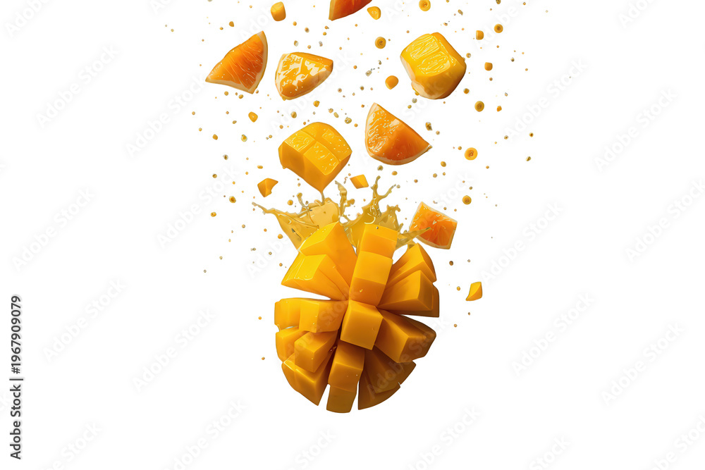 Fototapeta premium Mango fruit explosion creating fresh tropical juice splash with vibrant yellow diced pieces falling