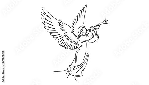Angel playing a trumpet in a beautiful line art illustration style