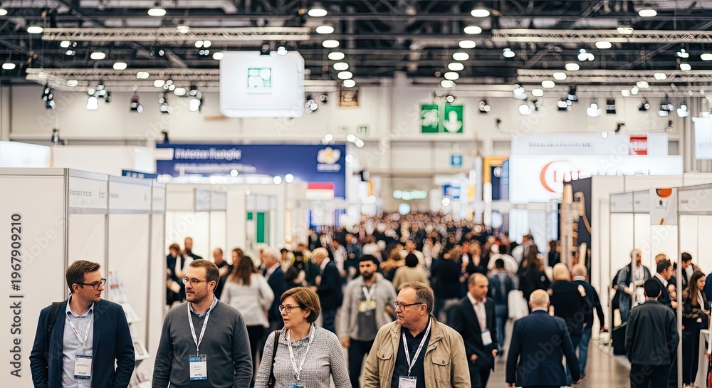 Fototapeta premium A large crowd of people gathers at a trade show. Attendees wearing name badges walk through a hall filled with booths.