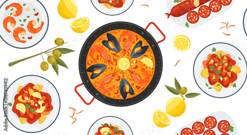 Seamless Flat Vector Pattern of Spanish Paella with Seafood, Shrimp, Mussels, Lemon, and Olives for Mediterranean Culinary Branding and Restaurant Decor