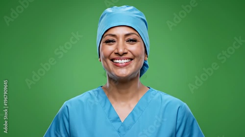 Smiling female surgeon in blue scrubs and cap against green background