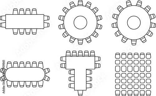 Top-down view of various table and seating arrangements for meetings and events