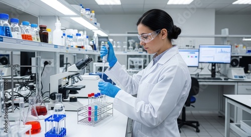 A female scientist wearing a white lab coat and safety glasses carefully examines a sample under a microscope. She is using a pipette to add a liquid to a test tube.