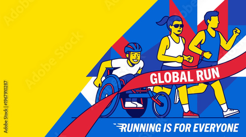 Diverse Runners & Wheelchair Athlete Global Race, Finish Line, Inclusivity Sport Community, Flat Design Bold Primary Colors, Vector Illustration
