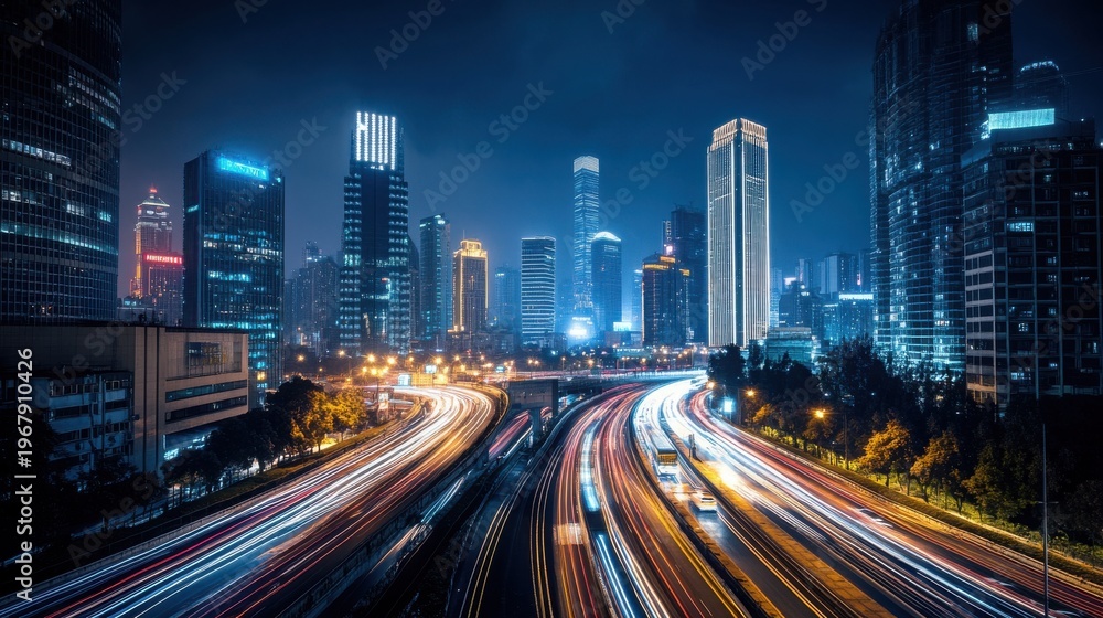 Fototapeta premium A bustling cityscape at night with a highway and skyscrapers illuminated by vibrant lights.