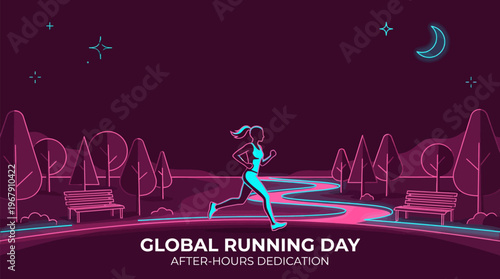 Solo female runner jogging on a winding park path at night, celebrating Global Running Day and after-hours dedication. Vibrant neon duotone vector illustration with dark background and copy space.