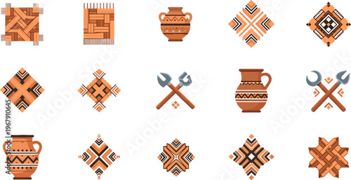 African Tribal Pattern and Pottery Icon Set Featuring Ethnic Geometric Designs, Clay Pots and Cultural Ornament Symbols Vector Illustration Collection