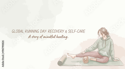 Female runner stretching with foam roller for post-run muscle recovery and self-care; health and wellness soft watercolor pastel illustration, vector graphic banner with copy space.
