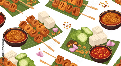 Seamless Flat Vector Pattern of Indonesian Sate with Peanut Sauce, Rice Cakes, Shallots, and Banana Leaf for Southeast Asian Culinary Branding and Restaurant Decor