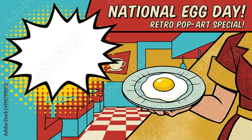Fried Egg Served on Plate by Hand for National Egg Day Celebration Banner with Empty Comic Speech Bubble in Vibrant Retro Pop Art Comic Style Halftone Vector Illustration