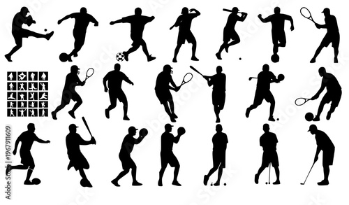 Minimal sports player silhouette icon set athletes football soccer basketball tennis golf vector transparent background