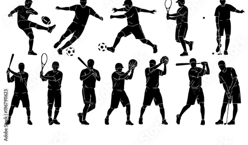 Dynamic sports silhouettes athletes action poses football basketball tennis golf vector transparent background