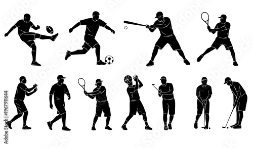 Sports player silhouettes set athletes in action football soccer basketball baseball tennis golf vector transparent background