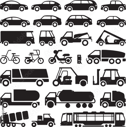 collection of black vehicle icons on a white background