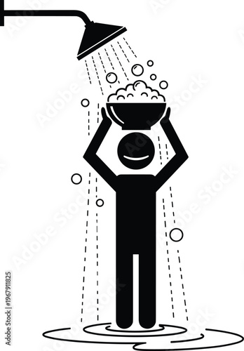 Person holding bowl washing in shower with bubbles and water splash.