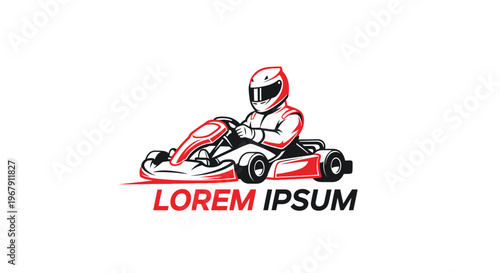 Kart racer in helmet driving a go-kart with the words Lorem Ipsum below.