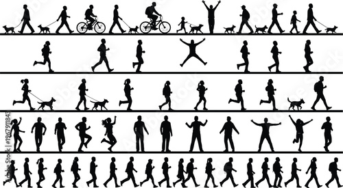 Collection of silhouettes of people in motion on transparent background.