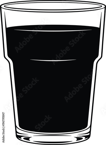 Black silhouette of a glass filled with dark liquid on a transparent checkered background.