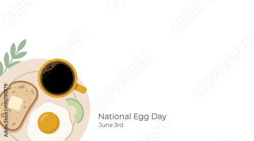 National Egg Day Breakfast, Fried Egg Coffee Toast Flat Lay, Healthy Food Holiday, Minimal Flat Pastel Vector, Graphic Template Copy Space