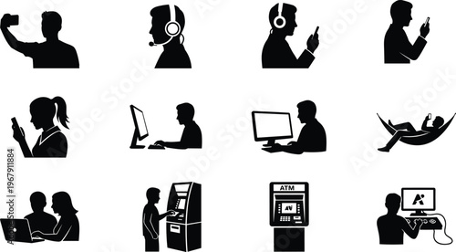 Silhouettes of people interacting with technology like phones computers and ATMs on transparent background.