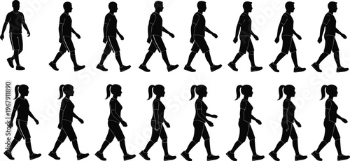 Silhouettes of a man and woman walking in sequence showing motion on a transparent background.