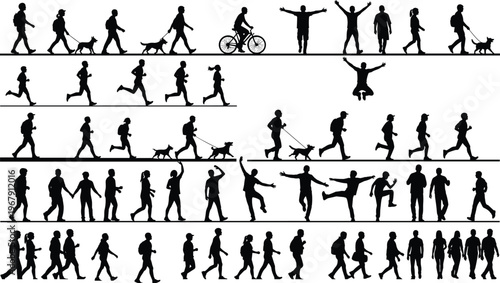 Silhouettes of people in various dynamic poses walking running cycling and dancing.