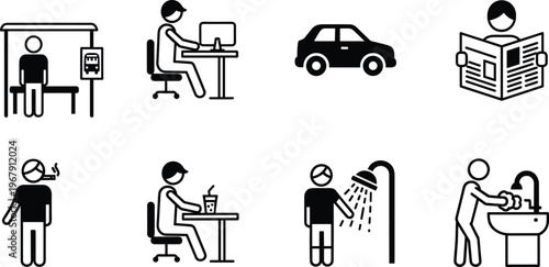 Everyday life situations showing bus stop working at computer driving car and reading newspaper.