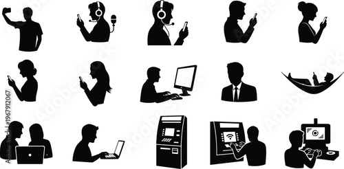 Set of black silhouettes of people using modern technology devices and engaged in daily activities.