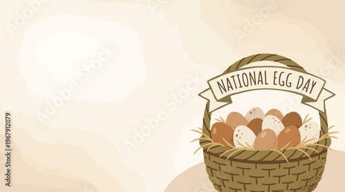 Basket of Farm Eggs with 'National Egg Day' Banner, nestled in straw for food industry celebration, crafted in flat cartoon style with earthy warm colors, offering vector art and copy space.