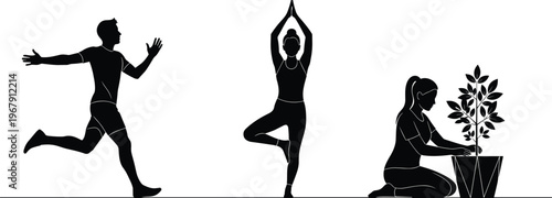 Silhouettes of people exercising and gardening.