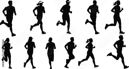 Silhouettes of diverse group of people running in motion.
