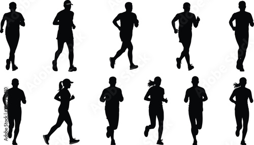 Multiple silhouettes of men and women running, diverse group in motion, sport activity vector art.