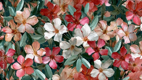 Floral Pattern With White and Red Petals and Green Leaves In A Textured Watercolor Style