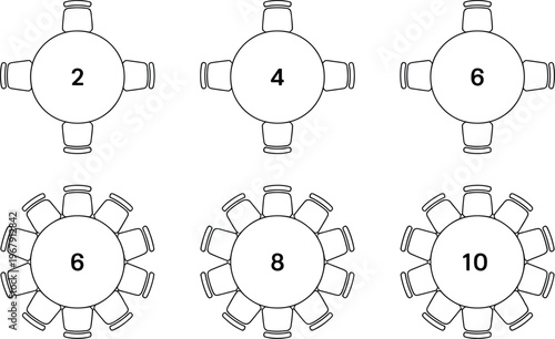 Top-down view of round tables with varying seating capacities for events