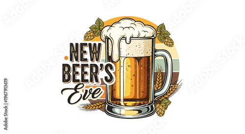 Illustration of a beer mug with foam and grains for New Beer's Eve celebration on a white background with festive design elements.