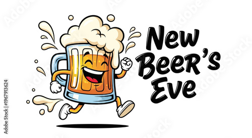 A cartoon beer mug character running with foam and splashes, celebrating New Beer's Eve against a clean white background with a festive mood.