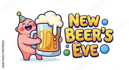 A cheerful cartoon pig wearing a party hat holds a large foamy beer mug next to a festive New Beer's Eve logo on a white background with colorful bubbles, conveying a joyful and celebratory