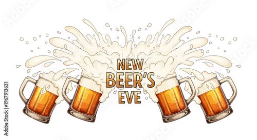 Illustration of four beer mugs with foam splashes and 'New Beer's Eve' text in a festive design for a beer celebration concept