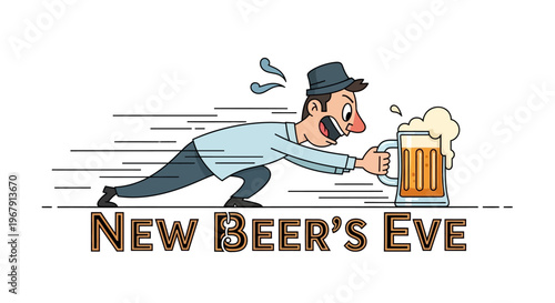 Cartoon man rushing with a foamy beer mug on New Beer's Eve, with a dynamic motion effect and a celebratory atmosphere.