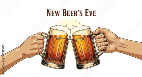 Illustration of two hands clinking beer mugs in a festive atmosphere celebrating New Beer's Eve with a joyful mood.