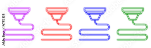 Set of colorful neon 3d printer icons representing additive manufacturing technology and digital fabrication process for prototyping and product design