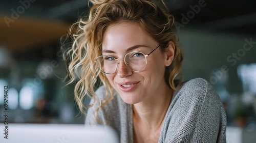 Woman Working on Laptop Computer Smiling.