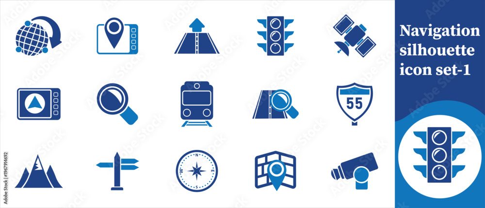 Fototapeta premium A collection of blue navigation and transportation icons depicts various methods of guidance and travel including global and local elements high quality professional