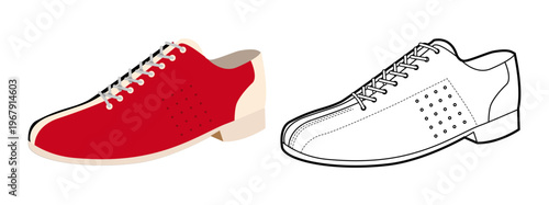 Bowling sneaker shoe flat plus line set. Two tone game footwear for poster, entertainment design, man woman unisex. Technical fashion illustration, CAD mockup, mixed vector isolated stylish style.